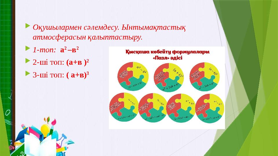 Оқушылармен сәлемдесу. Ынтымақтастық атмосферасын қалыптастыру. 1-топ: а 2 –в 2 2-ші топ: (а+в ) 2 3-ші т