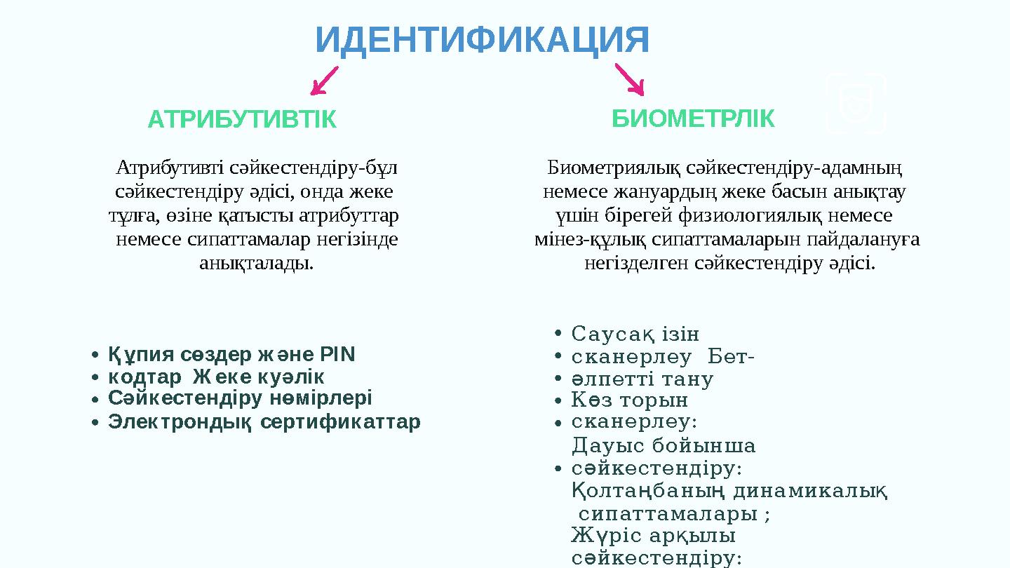 ИДЕНТИФИКАЦИЯ АТРИБУТИВТІК Атрибутивті сәйкестендіру-бұл сәйкестендіру әдісі, онда жеке тұлға, өзіне қатысты атрибуттар не