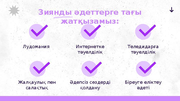 Жалқаулық пен салақтық Зиянды әдеттерге тағы жатқызамыз: Лудомания Интернетке тәуелділік Әдепсіз сөздерді қолдану Теледидарғ