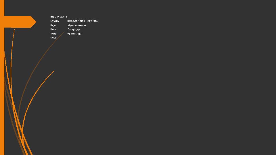 Виды искусств: Музыка Изобразительное искусство Цирк Мультипликация Кино Литература