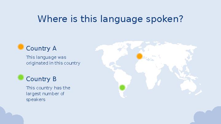 Country A Country B Where is this language spoken? This language was originated in this country This country has the larges