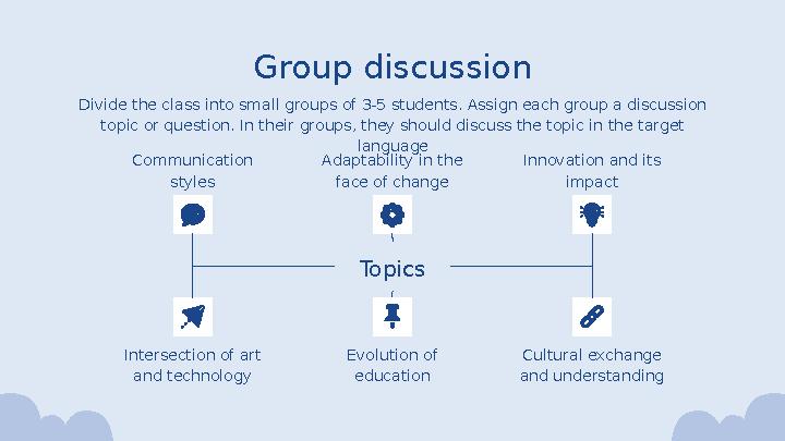 Communication styles Group discussion Topics Adaptability in the face of change Innovation and its impact Divide the class