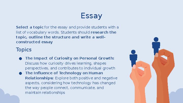 Essay Select a topic for the essay and provide students with a list of vocabulary words. Students should research the topic,