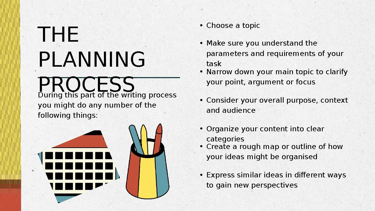 THE PLANNING PROCESS During this part of the writing process you might do any number of the following things: •Choose a topi