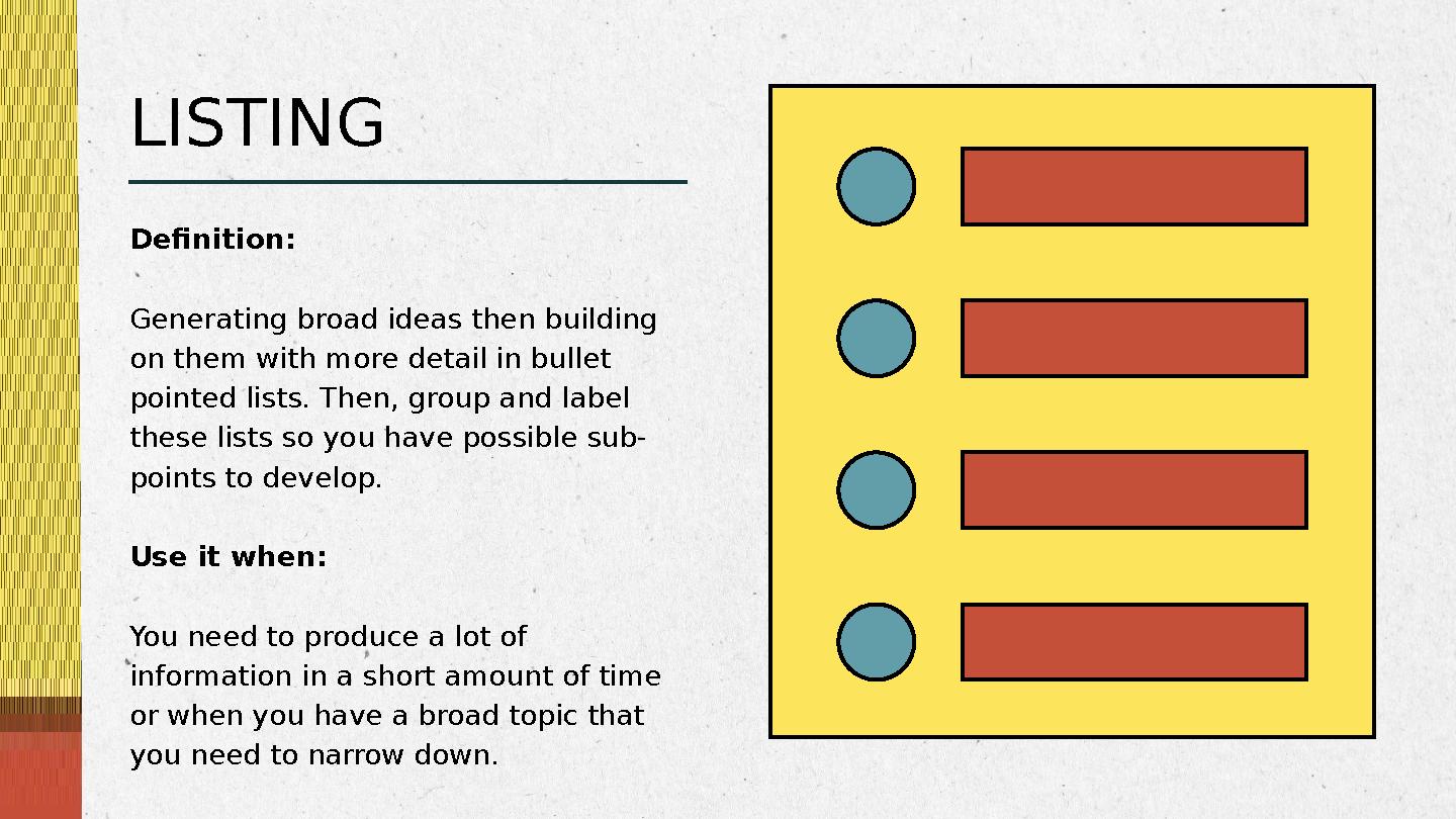 Definition: Generating broad ideas then building on them with more detail in bullet pointed lists. Then, group and label the