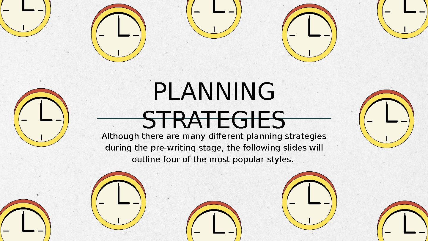 PLANNING STRATEGIES Although there are many different planning strategies during the pre-writing stage, the following slides w