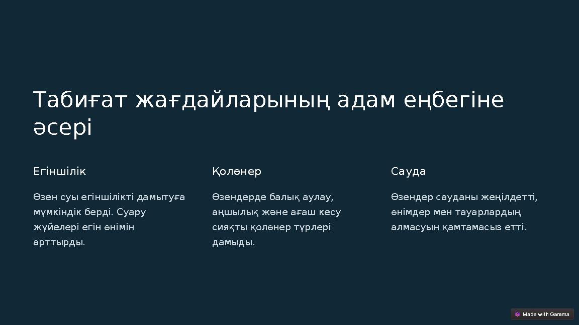 Табиғат жағдайларының адам еңбегіне әсері Егіншілік Өзен суы егіншілікті дамытуға мүмкіндік берді. Суару жүйелері егін өнімін