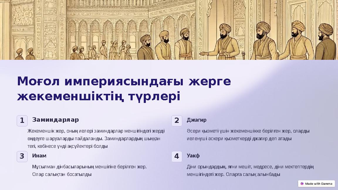 Моғол империясындағы жерге жекеменшіктің түрлері 1Заминдарлар Жекеменшік жер, оның иелері заминдарлар меншігіндегі жерді өңде