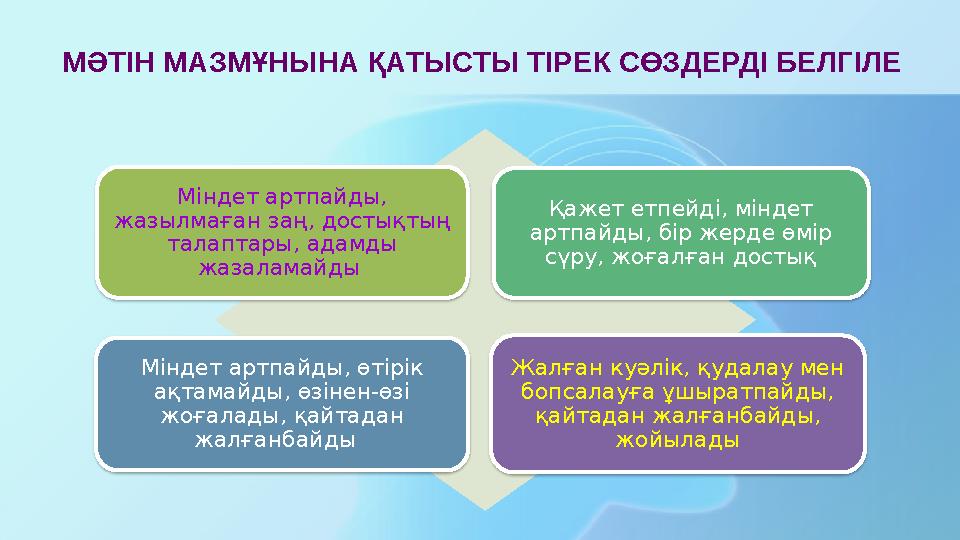 МӘТІН МАЗМҰНЫНА ҚАТЫСТЫ ТІРЕК СӨЗДЕРДІ БЕЛГІЛЕ Міндет артпайды, жазылмаған заң, достықтың талаптары, адамды жазаламайды Қа