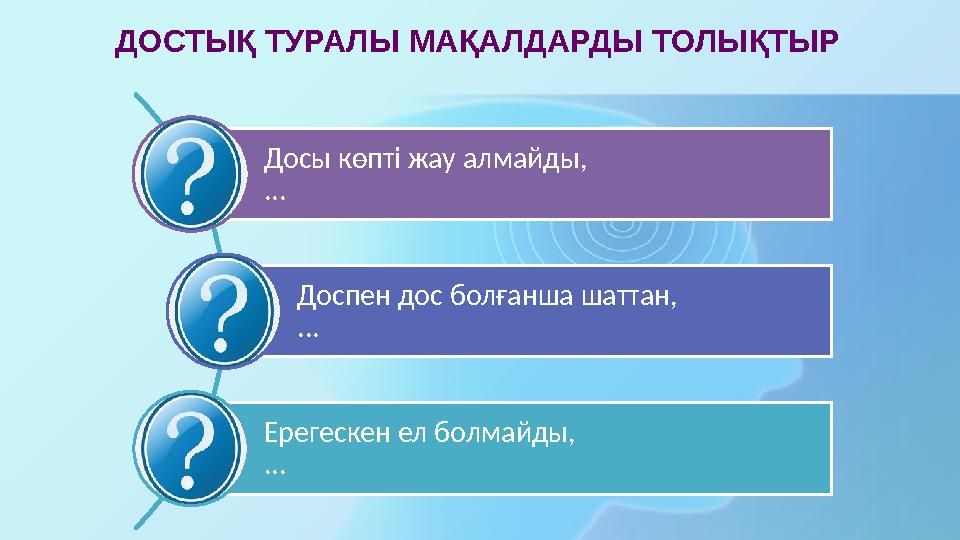 ДОСТЫҚ ТУРАЛЫ МАҚАЛДАРДЫ ТОЛЫҚТЫР Досы көпті жау алмайды, ... Доспен дос болғанша шаттан, ... Ерегескен ел болмайды, ...