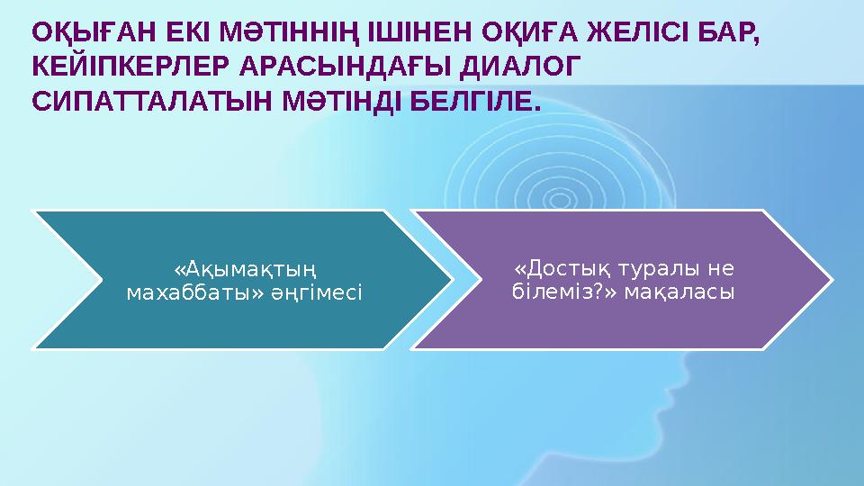 ОҚЫҒАН ЕКІ МӘТІННІҢ ІШІНЕН ОҚИҒА ЖЕЛІСІ БАР, КЕЙІПКЕРЛЕР АРАСЫНДАҒЫ ДИАЛОГ СИПАТТАЛАТЫН МӘТІНДІ БЕЛГІЛЕ. «Ақымақтың махабба