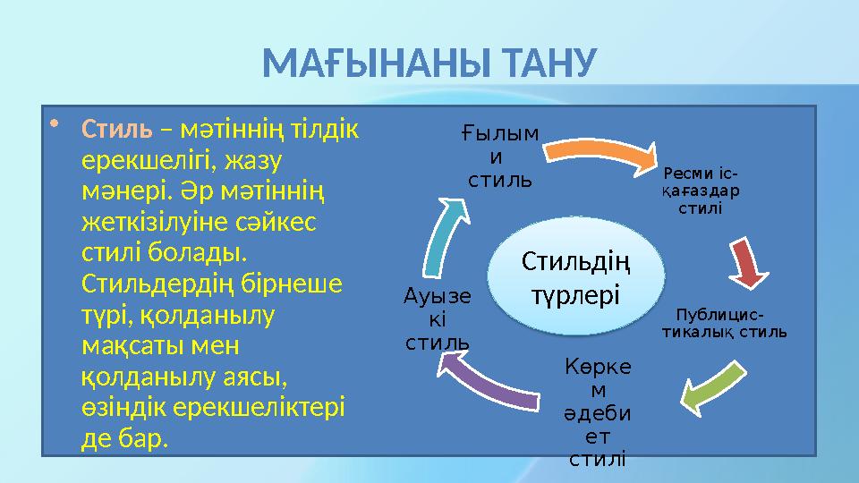 МАҒЫНАНЫ ТАНУ •Стиль – мәтіннің тілдік ерекшелігі, жазу мәнері. Әр мәтіннің жеткізілуіне сәйкес стилі болады. Стильдердің б