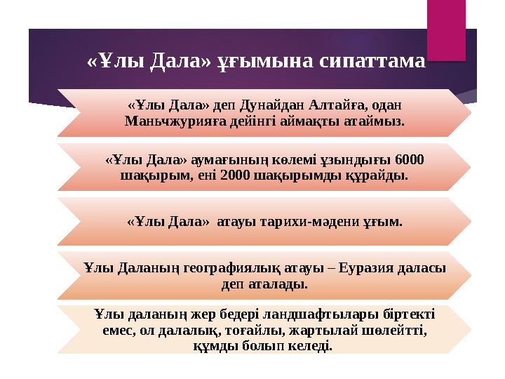 «Ұлы Дала» ұғымына сипаттама «Ұлы Дала» деп Дунайдан Алтайға, одан Маньчжурияға дейінгі аймақты атаймыз. «Ұлы Дала» аума