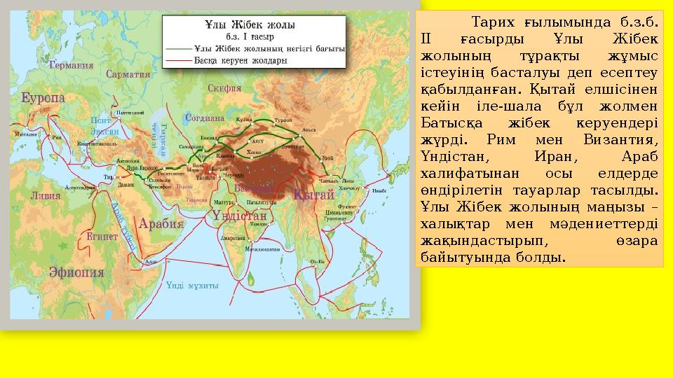 Тарих ғылымында б.з.б. II ғасырды Ұлы Ж iбек жолының тұрақты жұмыс істеуінің басталуы деп есептеу қабылданған. Қытай елш iс