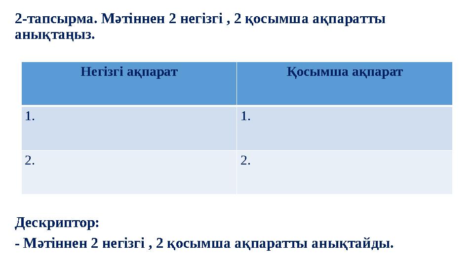 2-тапсырма. Мәтіннен 2 негізгі , 2 қосымша ақпаратты анықтаңыз. Дескриптор: - Мәтіннен 2 негізгі , 2 қосымша ақпаратты анық