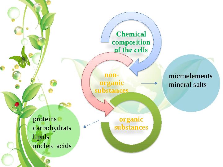 Chemical composition of the cells non- organic substances organic substances microelements mineral salts proteins ca