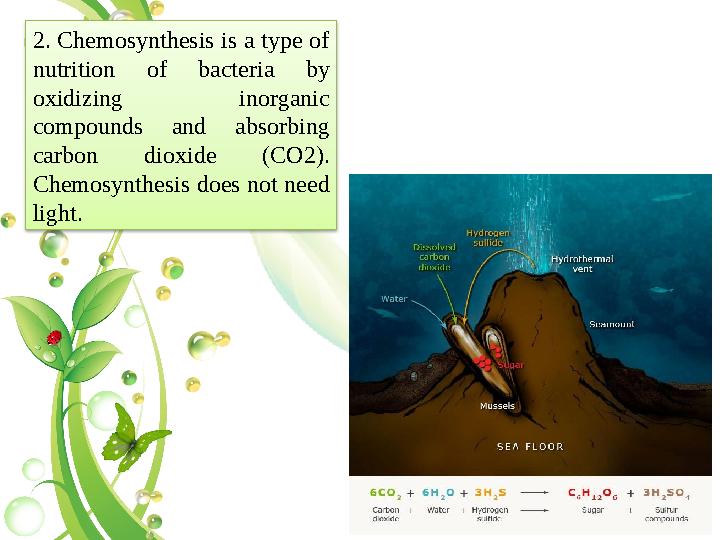 2. Chemosynthesis is a type of nutrition of bacteria by oxidizing inorganic compounds and absorbing carbon dioxide (CO2).