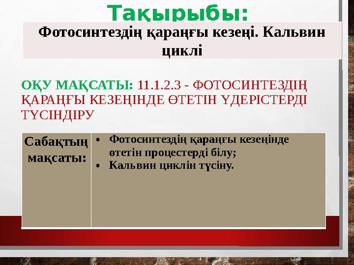 ОҚУ МАҚСАТЫ: 11.1.2.3 - ФОТОСИНТЕЗДІҢ ҚАРАҢҒЫ КЕЗЕҢІНДЕ ӨТЕТІН ҮДЕРІСТЕРДІ ТҮСІНДІРУ Тақырыбы: Сабақтың мақсаты: •Фотосинт