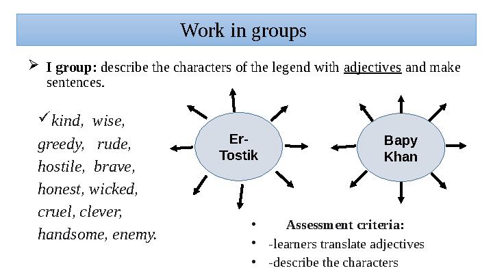 Work in groups I group: describe the characters of the legend with adjectives and make sentences. Er- Tostik Bapy Khan 