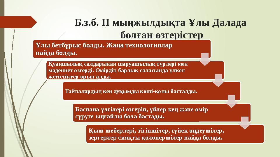 Б.з.б. ІІ мыңжылдықта Ұлы Далада болған өзгерістер Ұлы бетбұрыс болды. Жаңа технологиялар пайда болды. Қуаңшыл