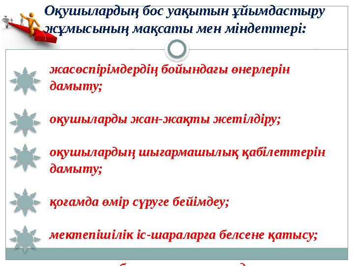 жасөспірімдердің бойындағы өнерлерін дамыту; оқушыларды жан-жақты жетілдіру; оқушылардың шығармашылық қабілеттерін дамыту;