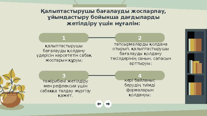 1 қалыптастырушы бағалауды қолдану үдерісін көрсететін сабақ жоспарын құруы; тапсырмаларды қолдана отырып, қалыптастырушы