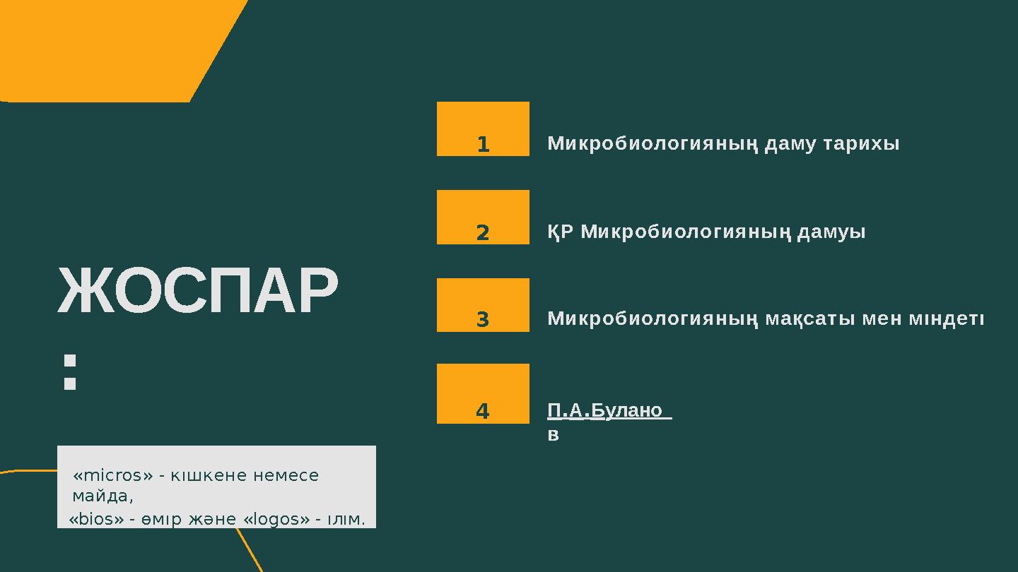 1 Микробиологияның даму тарихы 2 ҚР Микробиологияның дамуы 3 Микробиологияның мақсаты мен мıндетı 4 П.А.Булано в ЖОСПАР : «micro