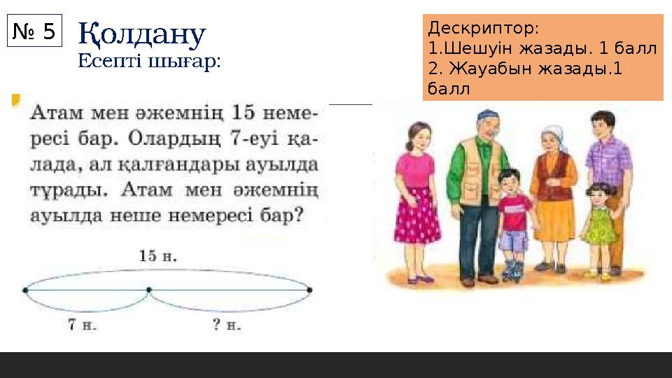 Қолдану Есепті шығар: № 5 Дескриптор: 1.Шешуін жазады. 1 балл 2. Жауабын жазады.1 балл