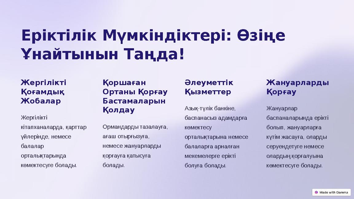 Еріктілік Мүмкіндіктері: Өзіңе Ұнайтынын Таңда! Жергілікті Қоғамдық Жобалар Жергілікті кітапханаларда, қарттар үйлерінде,