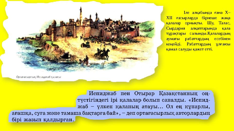 Іле алқабында ғана Х– ХІІ ғасырларда бірнеше жаңа қалалар орнықты. Шу, Талас, Сырдария алқаптарында қала тұрақтары салынды.Қ