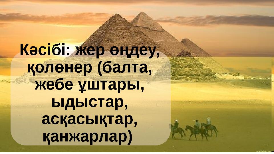 Кәсібі: жер өңдеу, қолөнер (балта, жебе ұштары, ыдыстар, асқасықтар, қанжарлар)