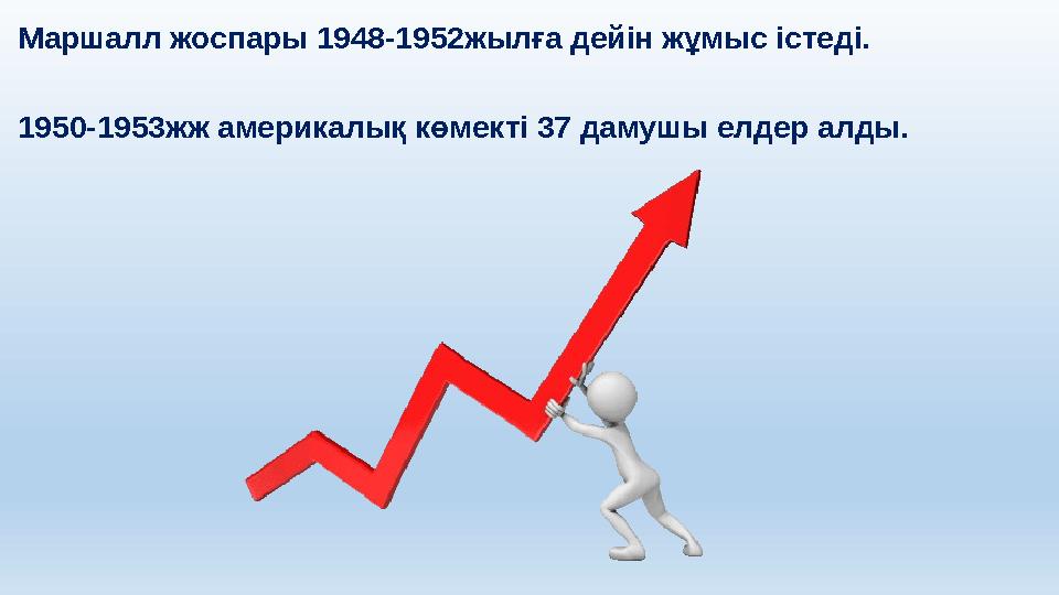 Маршалл жоспары 1948-1952жылға дейін жұмыс істеді. 1950-1953жж америкалық көмекті 37 дамушы елдер алды.