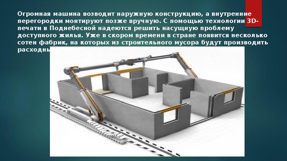 Огромная машина возводит наружную конструкцию, а внутренние перегородки монтируют позже вручную. С помощью технологии 3D- печ Огромная машина возводит наружную конструкцию, а внутренние перегородки монтируют позже вручную. С помощью технологии 3D- печ
