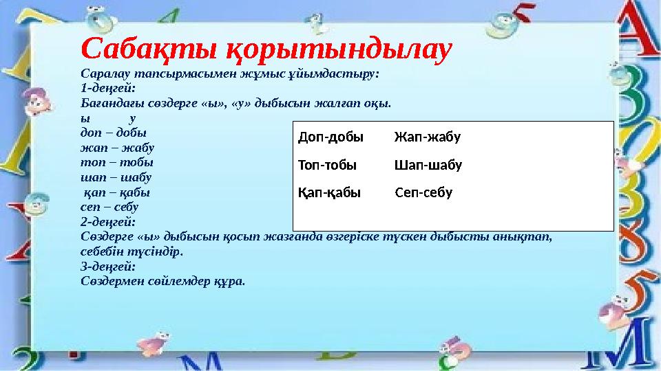 Сабақты қорытындылау Саралау тапсырмасымен жұмыс ұйымдастыру: 1-деңгей: Бағандағы сөздерге «ы», «у» дыбысын жалғап оқы. ы у доп