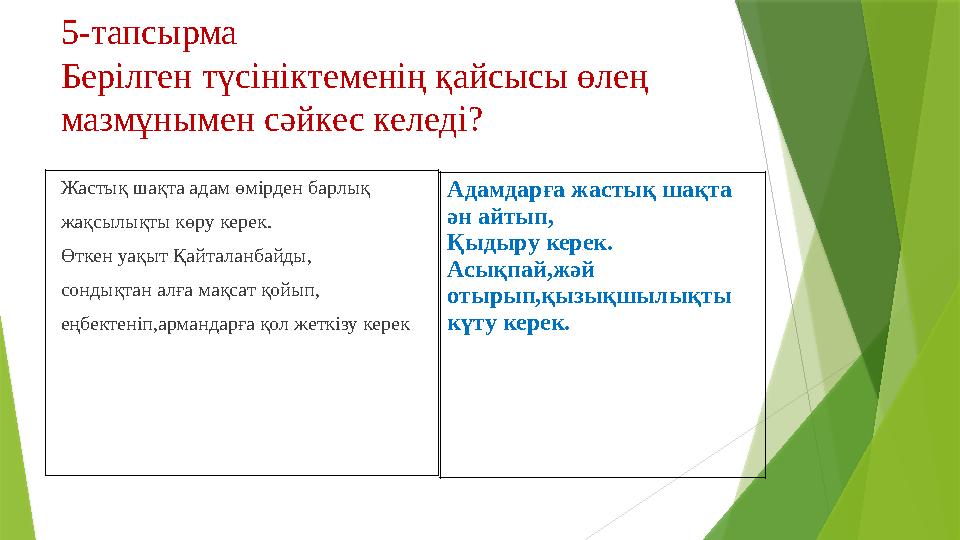 5-тапсырма Берілген түсініктеменің қайсысы өлең мазмұнымен сәйкес келеді? Жастық шақта адам өмірден барлық жақ