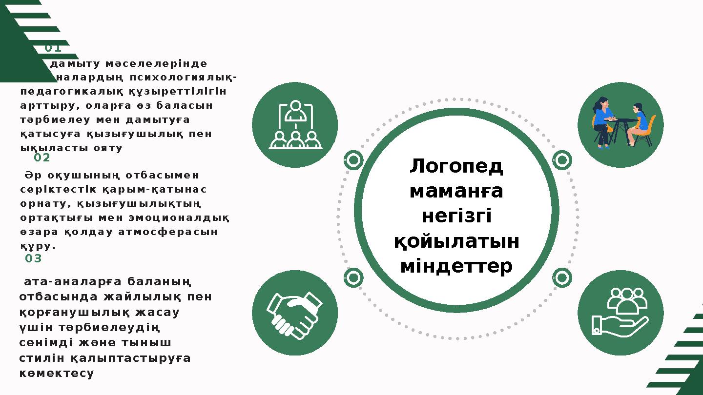 -тіл дамыту мәселелерінде ата-аналардың психологиялық- педагогикалық құзыреттілігін арттыру, оларға өз баласын тәрбиелеу мен