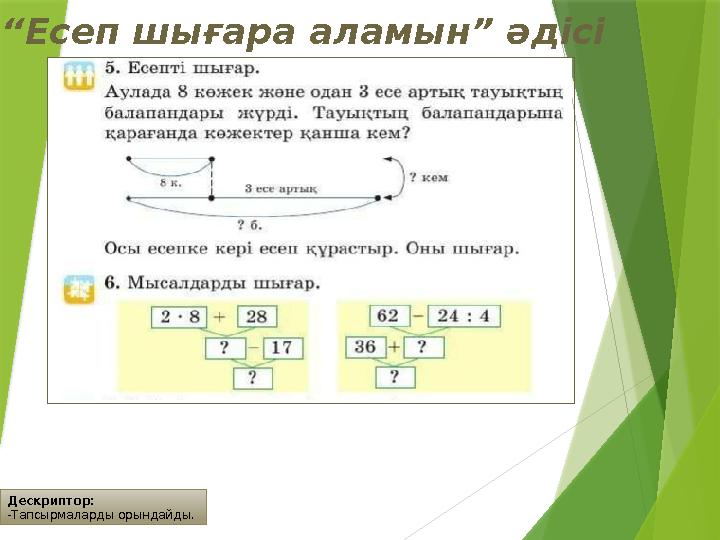 Дескриптор: -Тапсырмаларды орындайды. “Есеп шығара аламын” әдісі