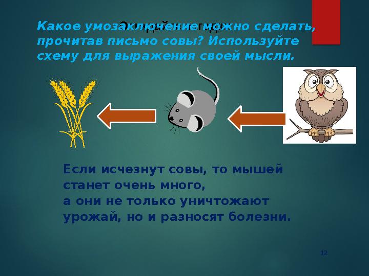 12 Отгадайте загадкиКакое умозаключение можно сделать, прочитав письмо совы? Используйте схему для выражения своей мысли 12 Отгадайте загадкиКакое умозаключение можно сделать, прочитав письмо совы? Используйте схему для выражения своей мысли