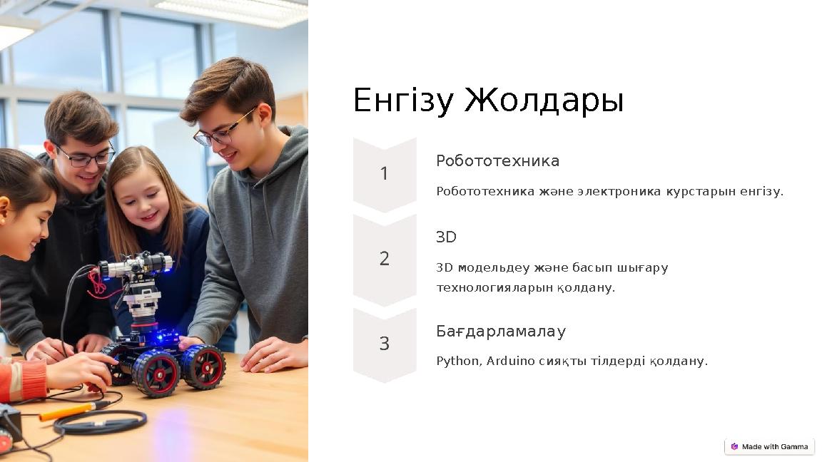 Енгізу Жолдары Робототехника Робототехника және электроника курстарын енгізу. 3D 3D модельдеу және басып шығару технологияларын