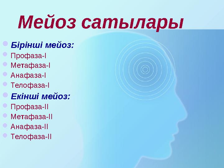 Мейоз сатылары Бірінші мейоз: Профаза-І Метафаза-І Анафаза-І Телофаза-І Екінші мейоз: Профаза-ІІ Метафаза-ІІ Анафаза-ІІ