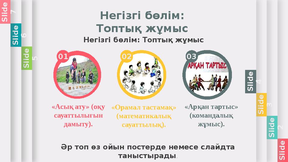 S l i d e 1 S l i d e 2 S l i d e 3 S l i d e 4 Негізгі бөлім: Топтық жұмыс Негізгі бөлім: Топтық жұмыс 01 03 «Асық