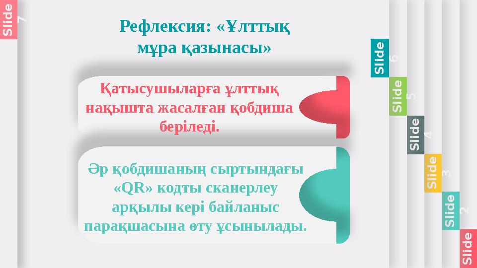 S l i d e 1 S l i d e 2 S l i d e 3 S l i d e 4 S l i d e 5 S l i d e 6 Рефлексия: «Ұлттық мұра қазынасы» Қ