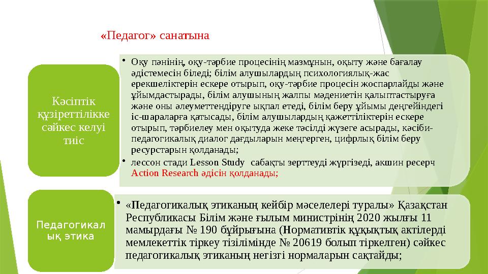 «Педагог» санатына •Оқу пәнінің, оқу-тәрбие процесінің мазмұнын, оқыту және бағалау әдіс «Педагог» санатына •Оқу пәнінің, оқу-тәрбие процесінің мазмұнын, оқыту және бағалау әдіс