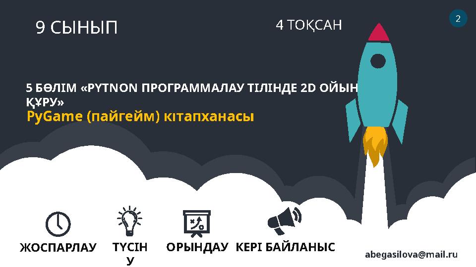 9 СЫНЫП 4 ТОҚСАН 2 ЖОСПАРЛАУ ТҮСІН У ОРЫНДАУ КЕРІ БАЙЛАНЫС abegasilova@mail.ru PyGame (пайгейм) кітапханасы 5 БӨЛІМ «PYTNON П
