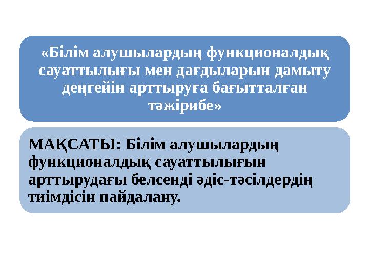 «Білім алушылардың функционалдық сауаттылығы мен дағдыларын дамыту деңгейін арттыруға бағытталған тәжірибе» МАҚСАТЫ: Білім