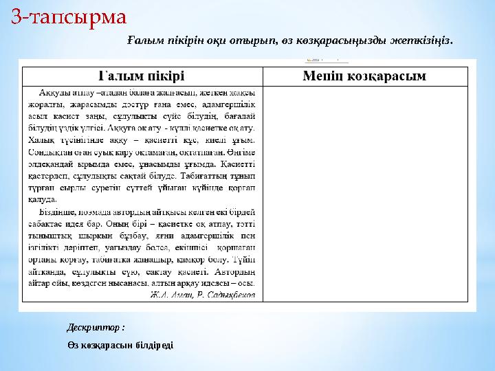 3-тапсырма Дескриптор : Өз көзқарасын білдіреді Ғалым пікірін оқи отырып, өз көзқарасыңызды жеткізіңіз. 3-тапсырма Дескриптор : Өз көзқарасын білдіреді Ғалым пікірін оқи отырып, өз көзқарасыңызды жеткізіңіз.
