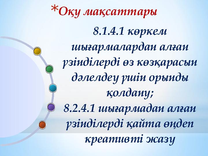 *Оқу мақсаттары 8.1.4.1 көркем шығармалардан алған үзінділерді өз көзқарасын дәлелдеу үшін орынды қолдану; 8.2.4.1 шығармада *Оқу мақсаттары 8.1.4.1 көркем шығармалардан алған үзінділерді өз көзқарасын дәлелдеу үшін орынды қолдану; 8.2.4.1 шығармада
