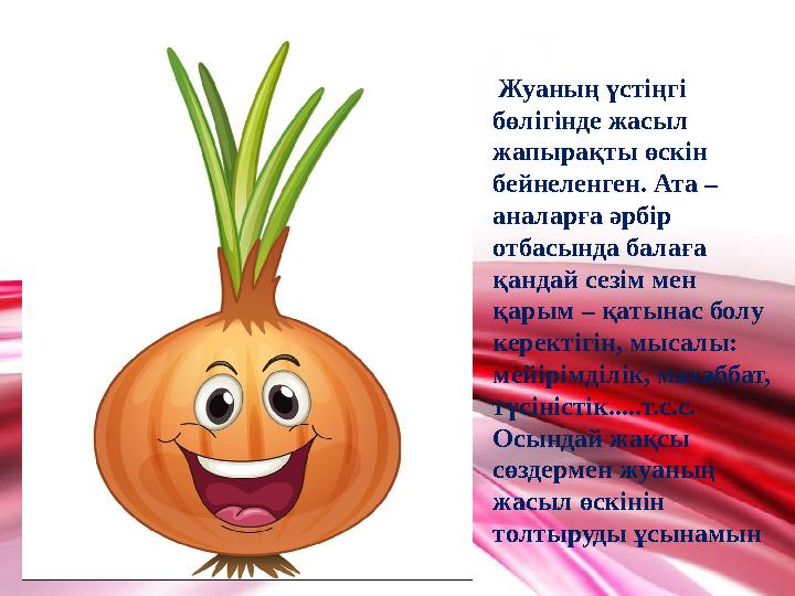 Жуаның үстіңгі бөлігінде жасыл жапырақты өскін бейнеленген. Ата – аналарға әрбір отбасында балаға қандай сезім мен қарым