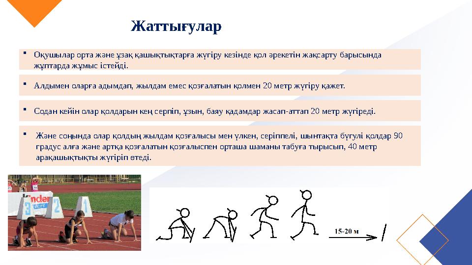 Жаттығулар Оқушылар орта және ұзақ қашықтықтарға жүгіру кезінде қол әрекетін жақсарту барысында жұптарда жұмыс істейді. Алды