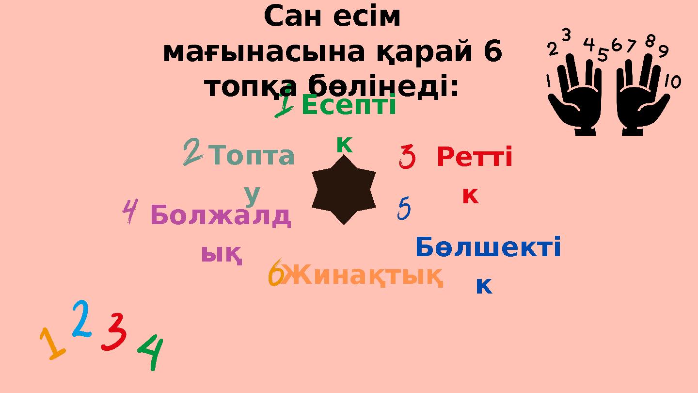 Сан есім мағынасына қарай 6 топқа бөлінеді: Есепті к Ретті к Жинақтық Топта у Бөлшекті к Болжалд ық